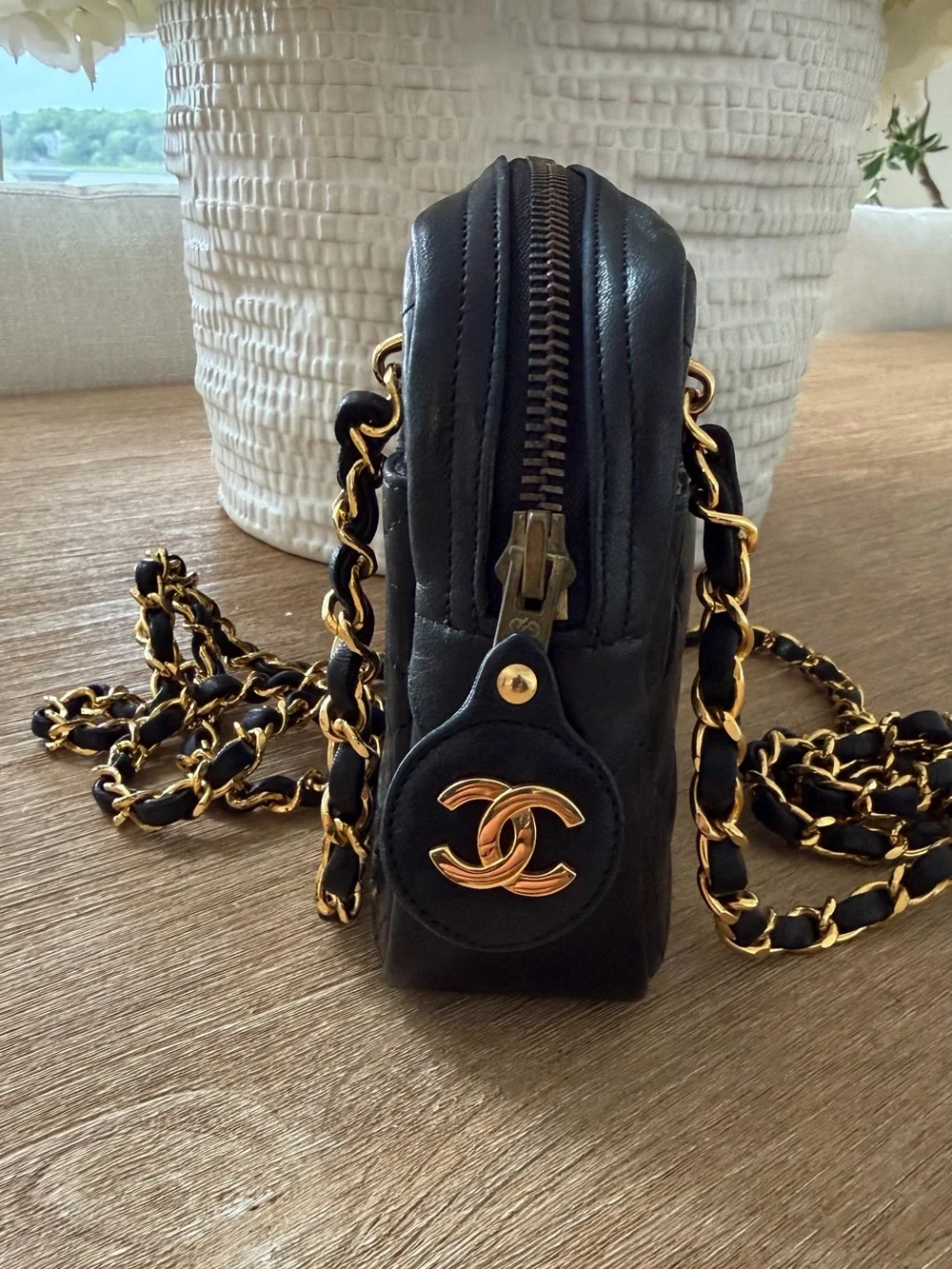 CHANEL Black Quilted Lambskin Crossbody with Gold Chain
